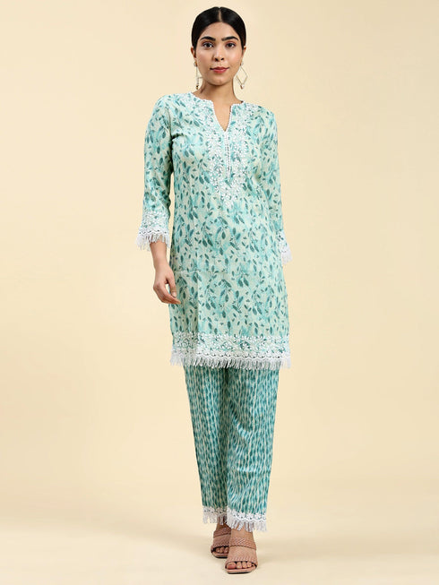 Samma Chikankari Co-ord set in Cotton for Women- Green